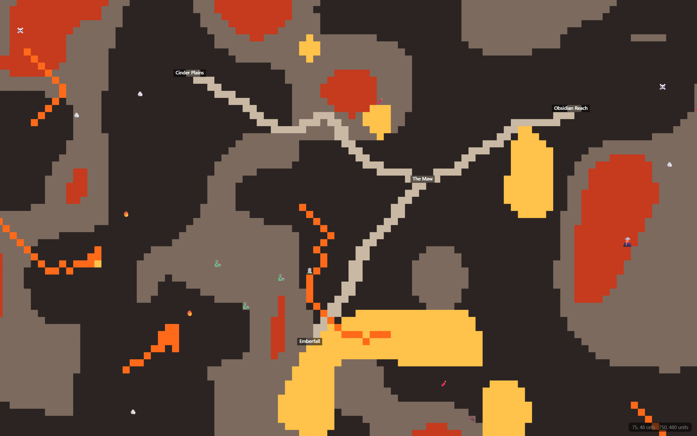 A volcanic hellscape with lava and obsidian zones